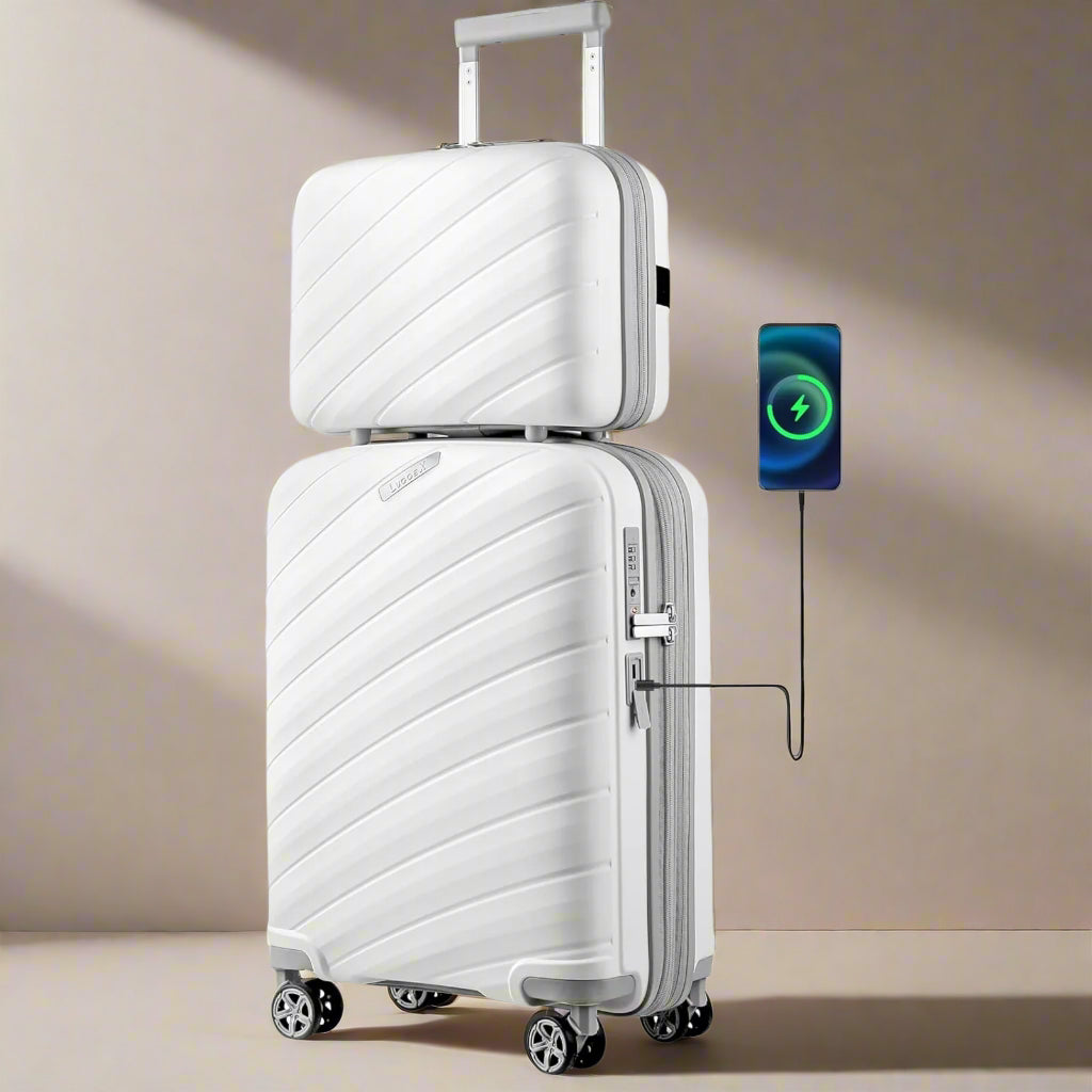 2pcs Carry on Luggage with Charger and Spinner Wheels (White, 14/20)